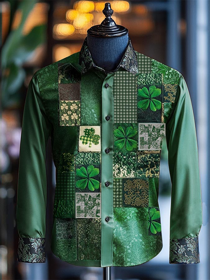 Chic St. Patrick's Day Clover Patchwork Print Shirt