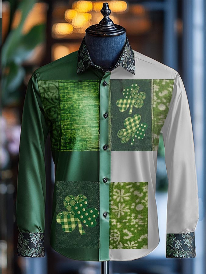 Casual St. Patrick's Day Clover Patchwork Print Shirt