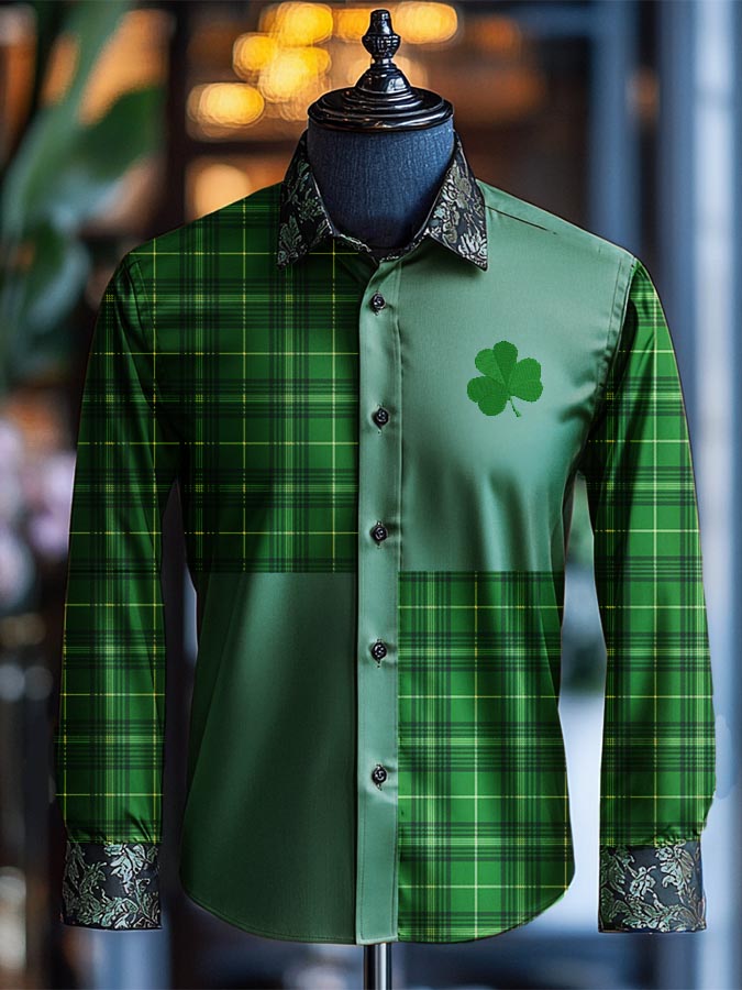 Plaid St. Patrick's Day Clover Patchwork Print Shirt