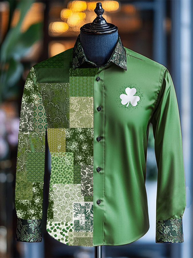 St. Patrick's Day Clover Asymmetrical Patchwork Print Shirt