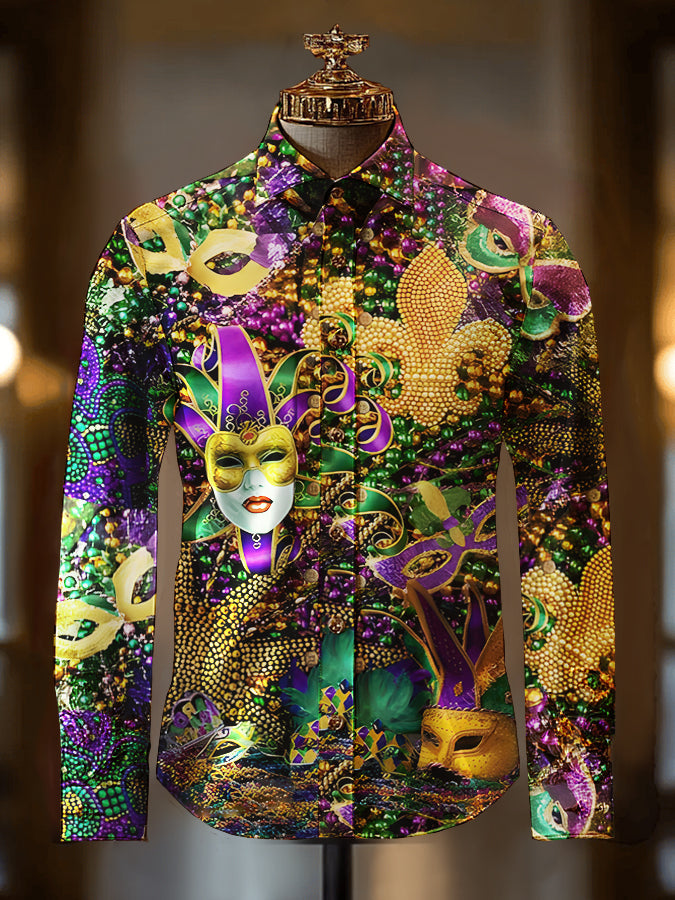 Mardi Gras Mask Pattern Print Long Sleeve Shirt