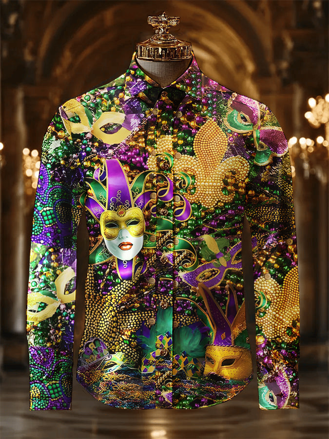 Mardi Gras Mask Pattern Print Long Sleeve Shirt