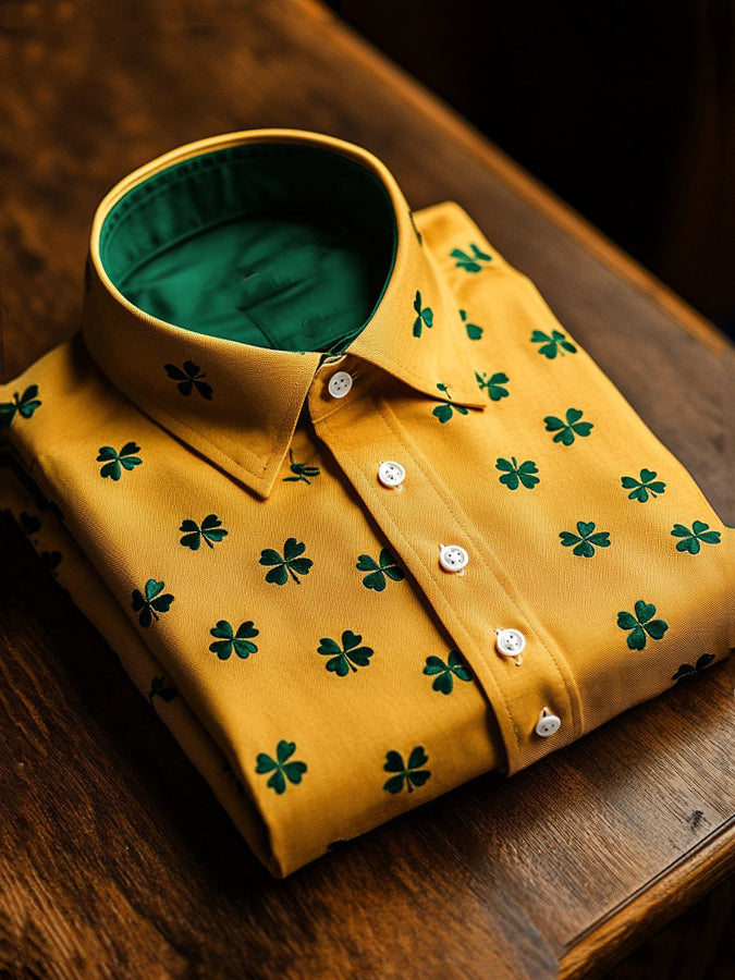 St. Patrick's Day Four Leaf Clover Print Long Sleeve Shirt