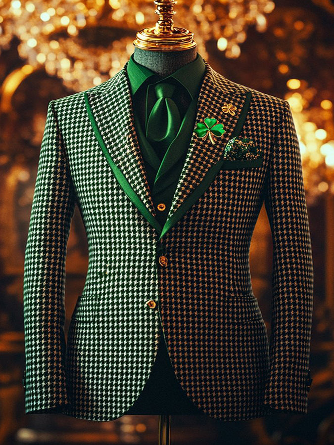 Luxury St. Patrick's Day Plaid Clover Print Blazer