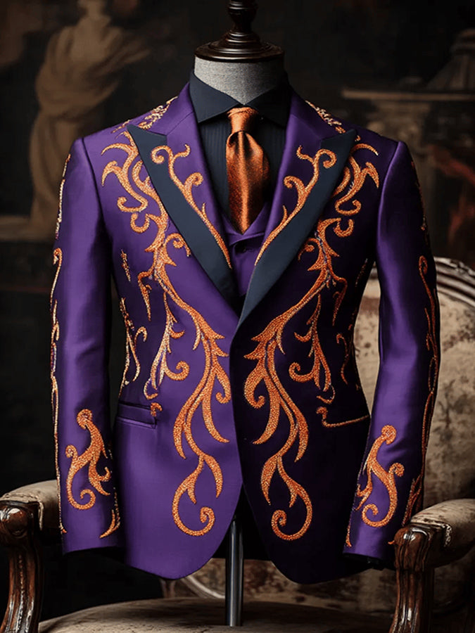 Luxury Mardi Gras Curly Print Peak Lapel Blazer