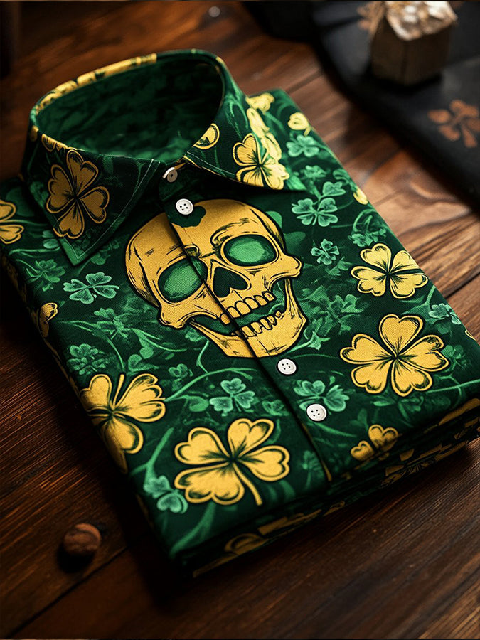 Chic St. Patrick's Day Skull & Clover Print Shirt