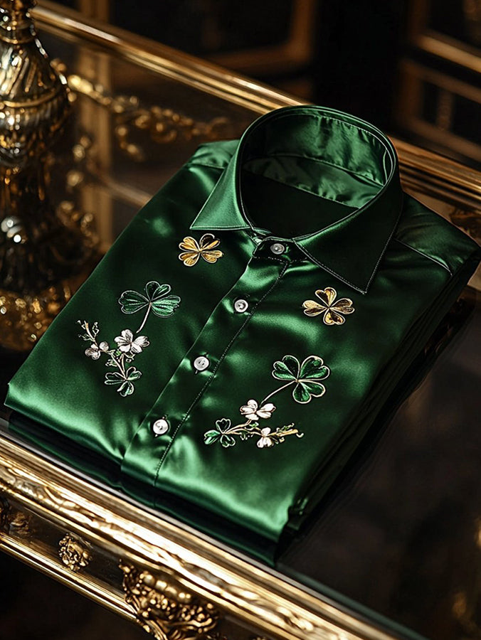 St. Patrick's Satin Elegant  Clover Print Long Sleeve Shirt