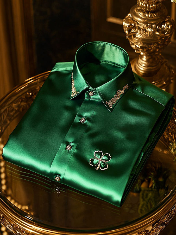 St. Patrick's Satin Retro Clover Print Long Sleeve Shirt