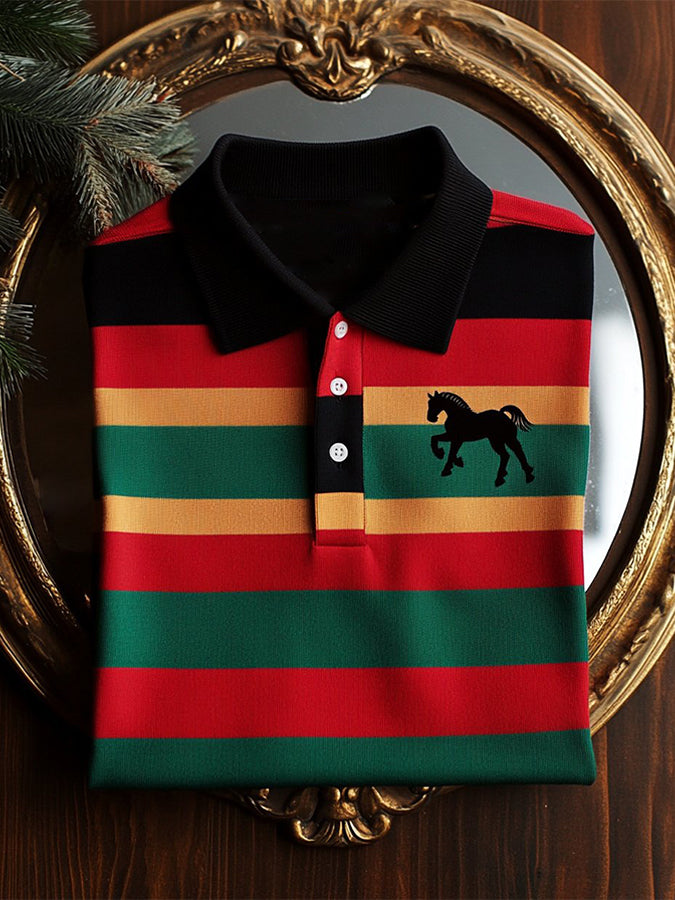 Retro Colourful Striped Print Long Sleeve Polo Shirt