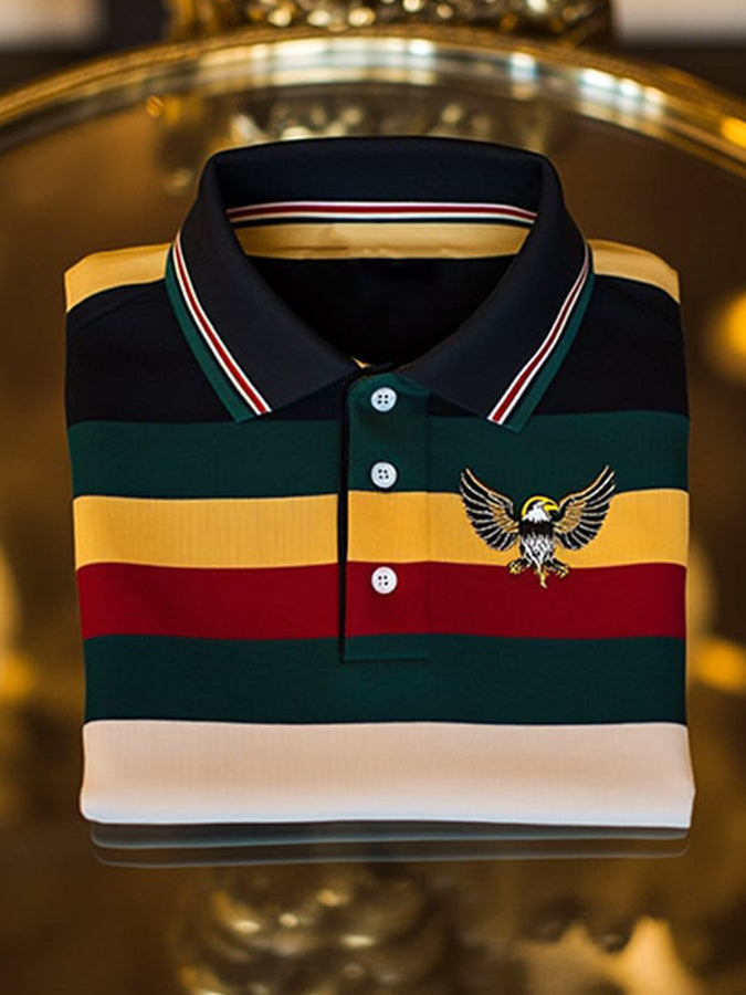 Business Striped & Eagle Print Long Sleeve Polo Shirt