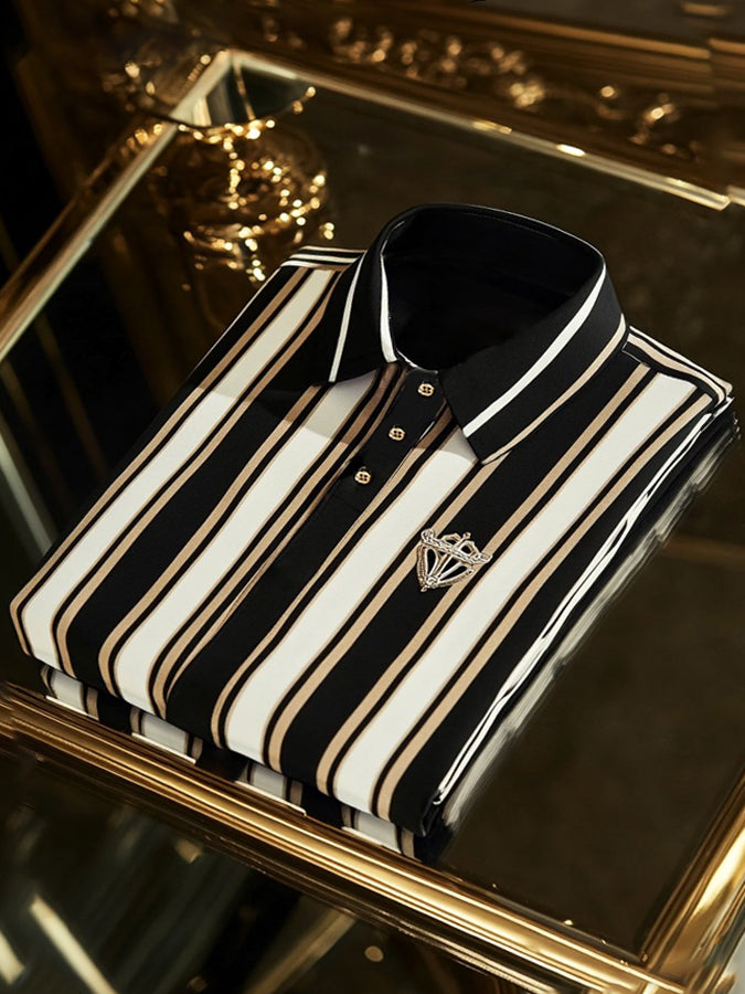 Classic Striped Print Long Sleeve Polo Shirt