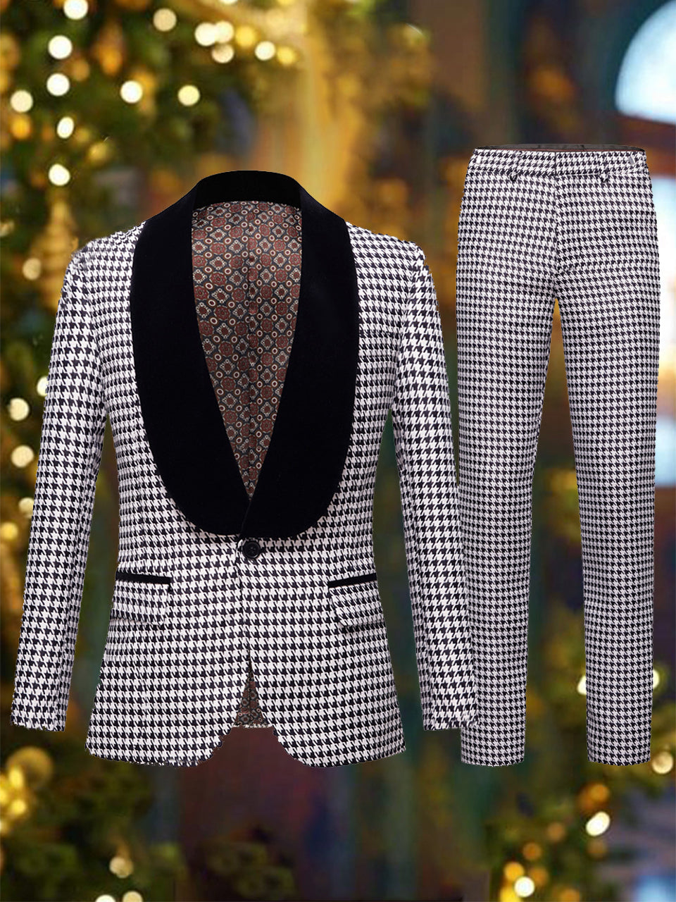 Retro Houndstooth Print Blazer & Pants Set