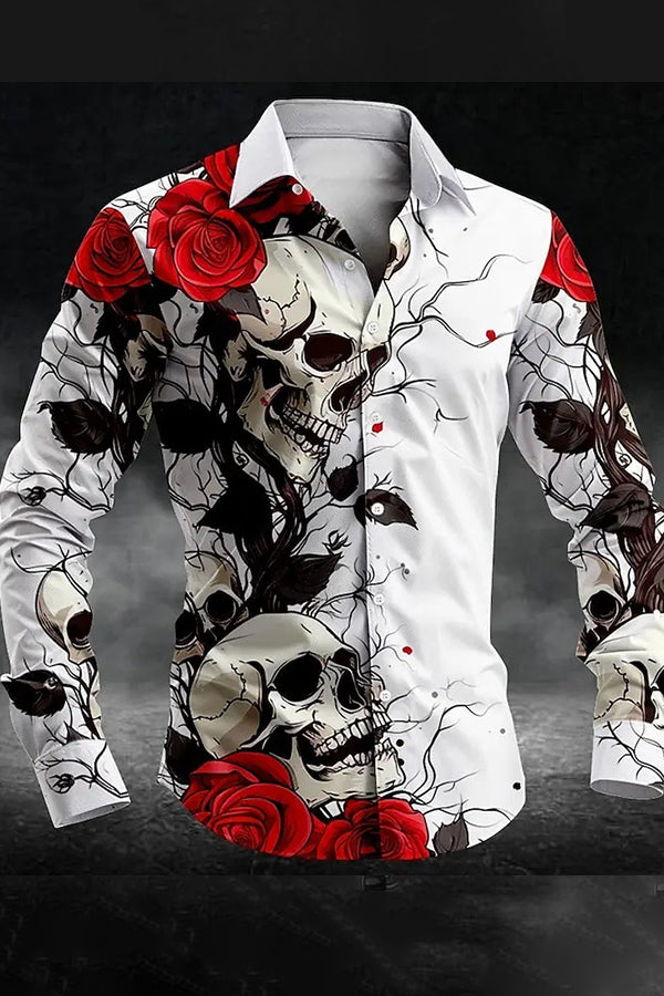 Romantic Rose Skull Print Long Sleeve Shirt