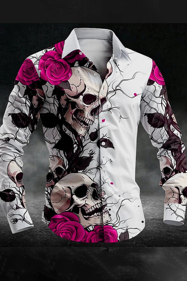 Romantic Rose Skull Print Long Sleeve Shirt