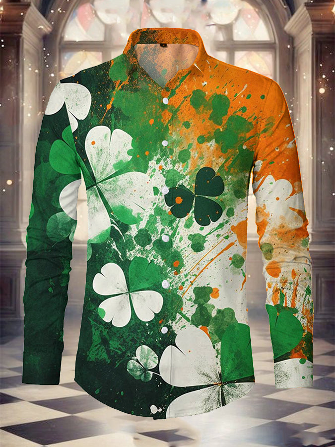 St. Patrick's Day Clover Print Long Sleeves Shirt