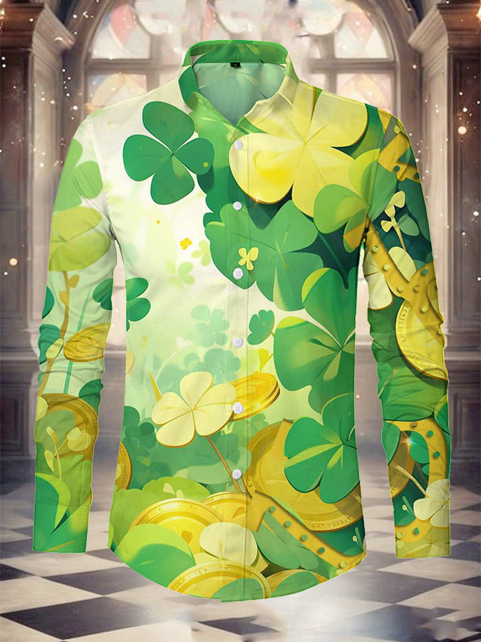 St. Patrick's Day Clover Print Long Sleeves Shirt