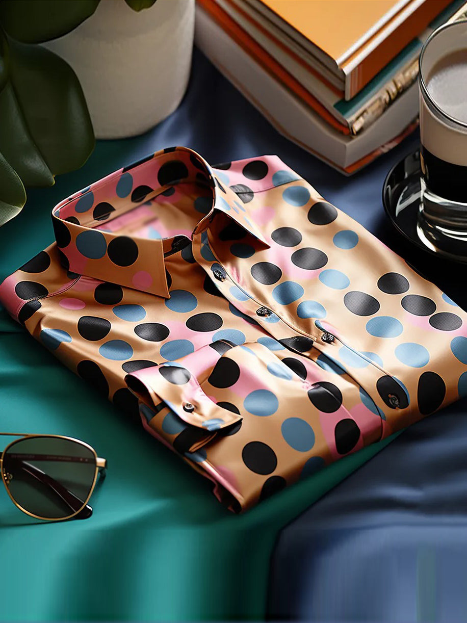 Vibrant Polka Dot Satin Long Sleeve Shirt