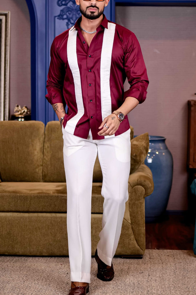 Stylish Two Tone Satin Long Sleeve Shirt