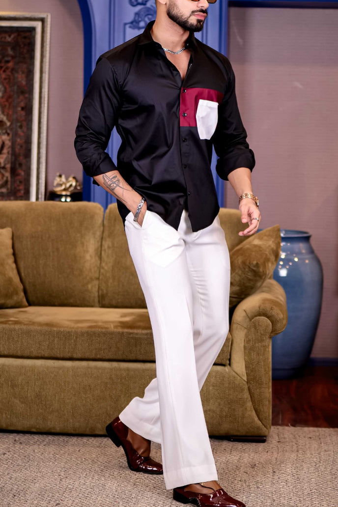 Stylish Color Blocked Satin Long Sleeve Shirt