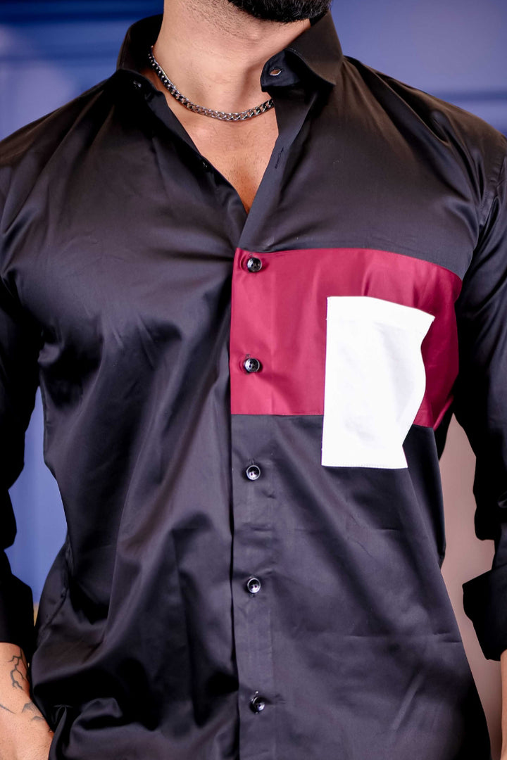 Stylish Color Blocked Satin Long Sleeve Shirt