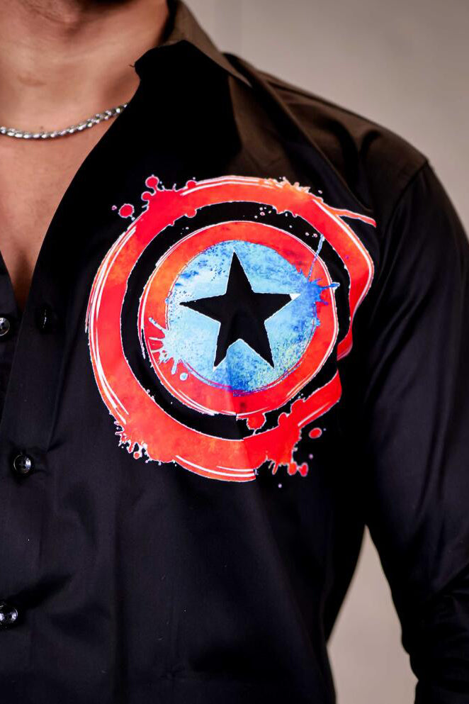 Stylish Shield Print Satin Long Sleeve Shirt