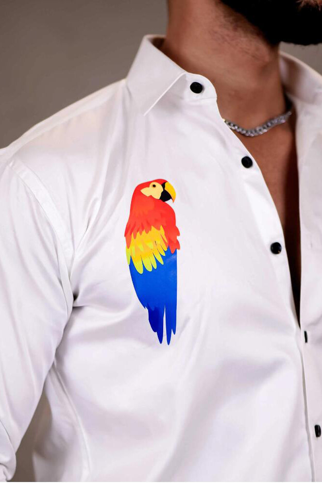 Stylish Parrot Print Satin Long Sleeve Shirt