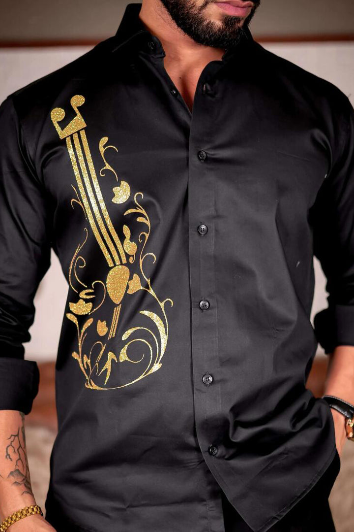 Stylish Guitar Print Satin Long Sleeve Shirt