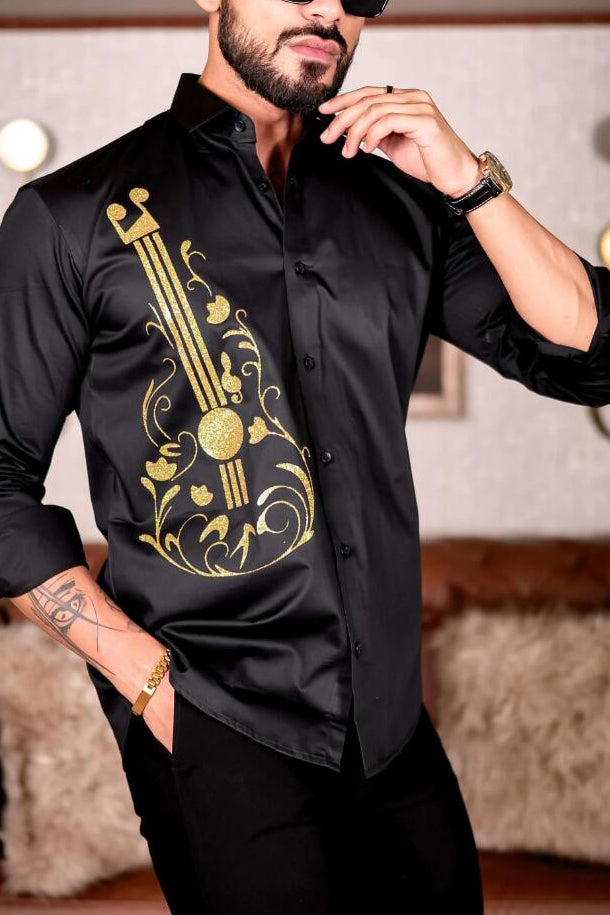 Stylish Guitar Print Satin Long Sleeve Shirt