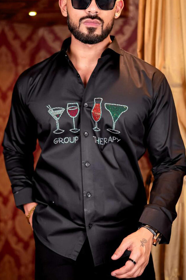 Party Wine Glass Print Satin Long Sleeve Shirt