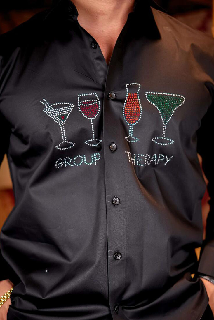 Party Wine Glass Print Satin Long Sleeve Shirt