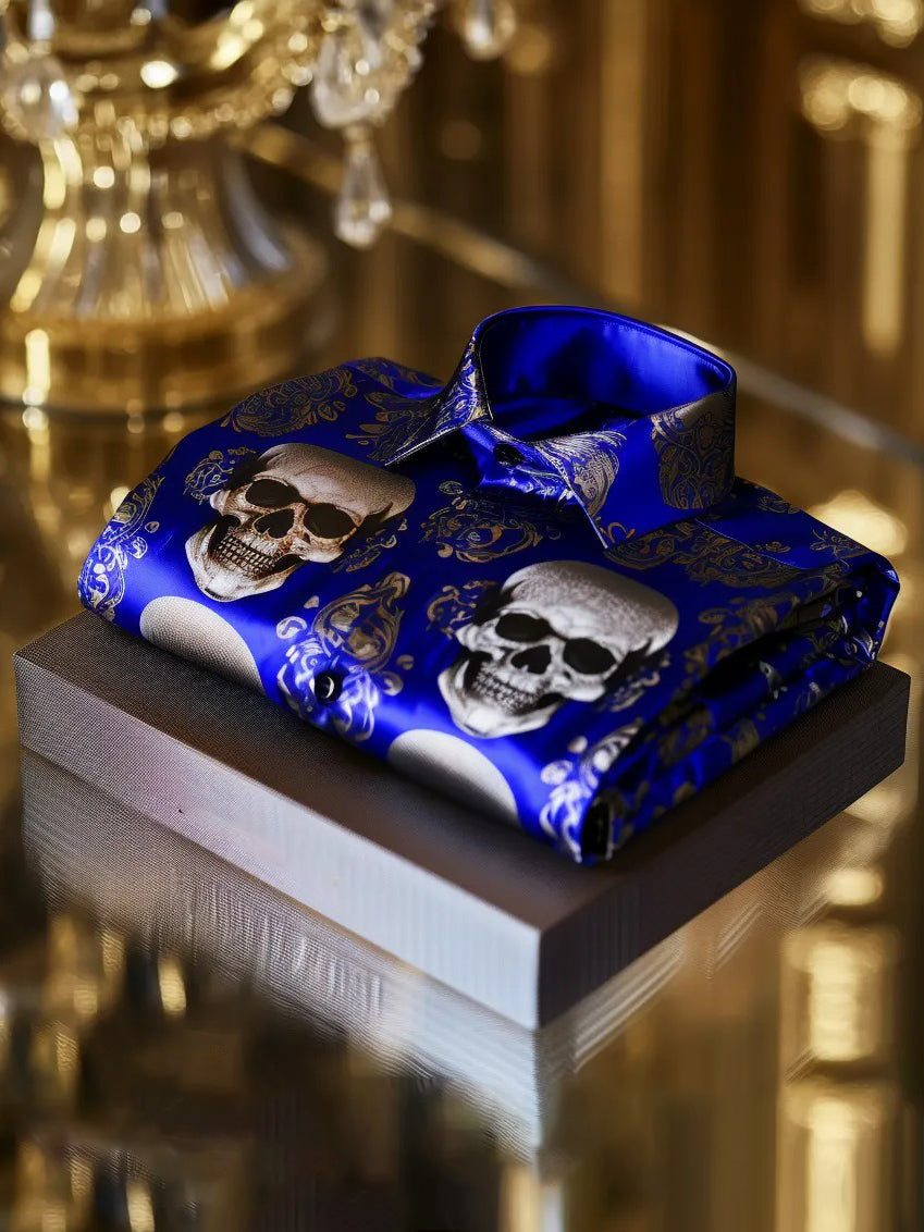 Stylish Skull Print Satin Long Sleeve Shirt