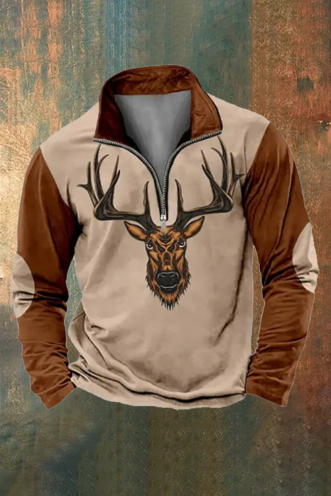 Retro Deer Print Zippered Color blocked shirt