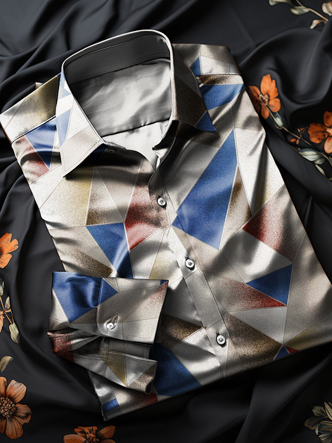 Color Contrasting Geometric Print Satin Shirt