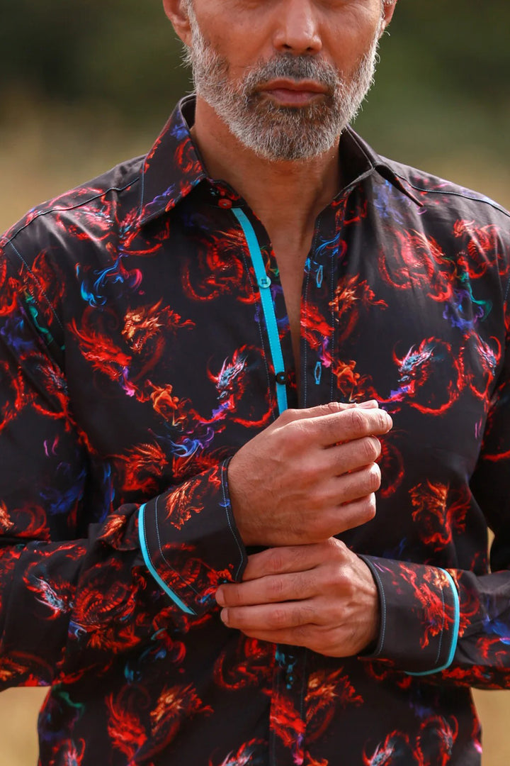 Stylish Dragon Print Satin Shirt