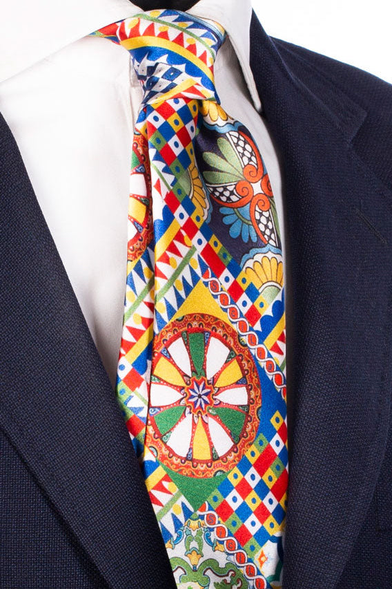 Retro Sicilian Print Satin Tie