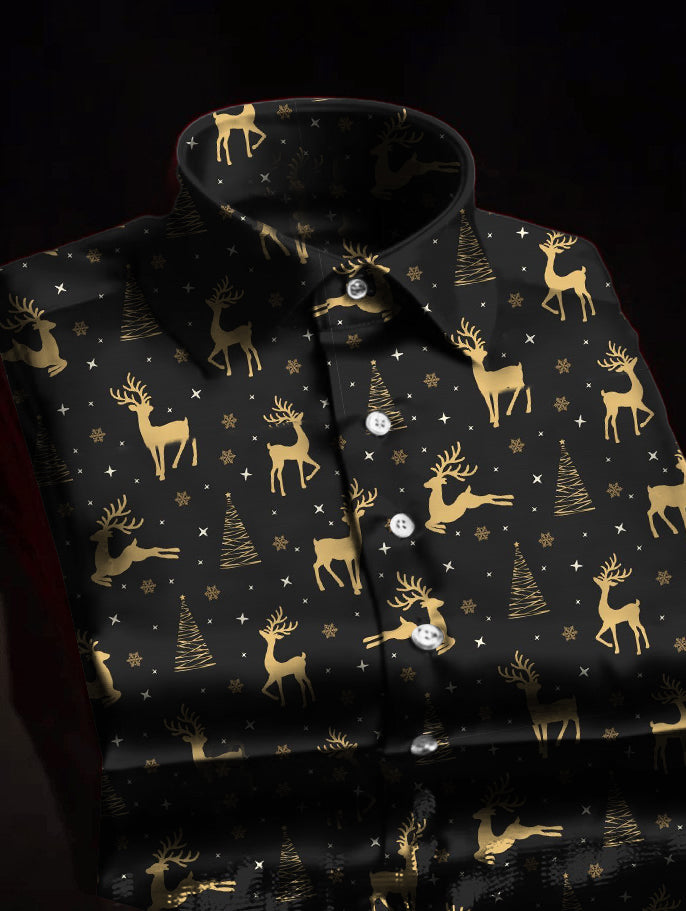 Christmas Elk Print Satin Long Sleeve Shirt