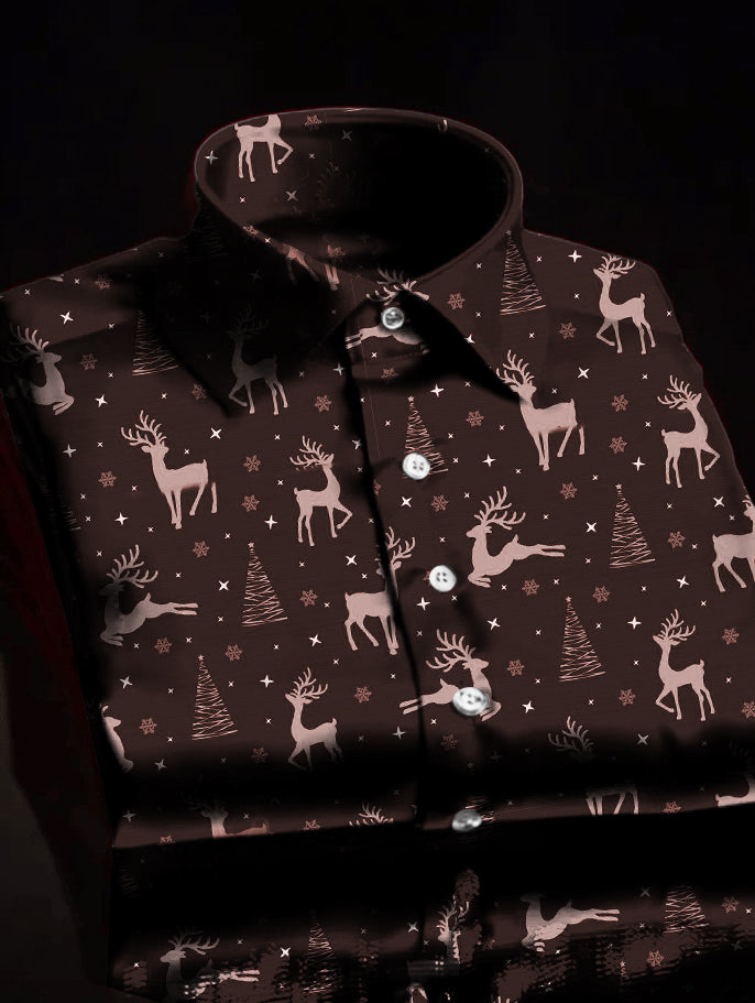 Christmas Elk Print Satin Long Sleeve Shirt