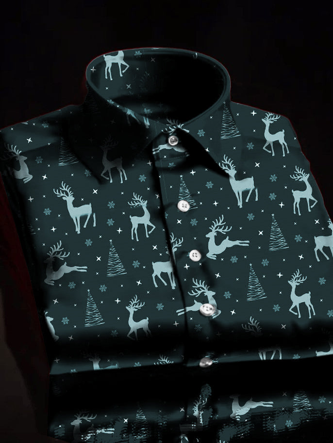 Christmas Elk Print Satin Long Sleeve Shirt