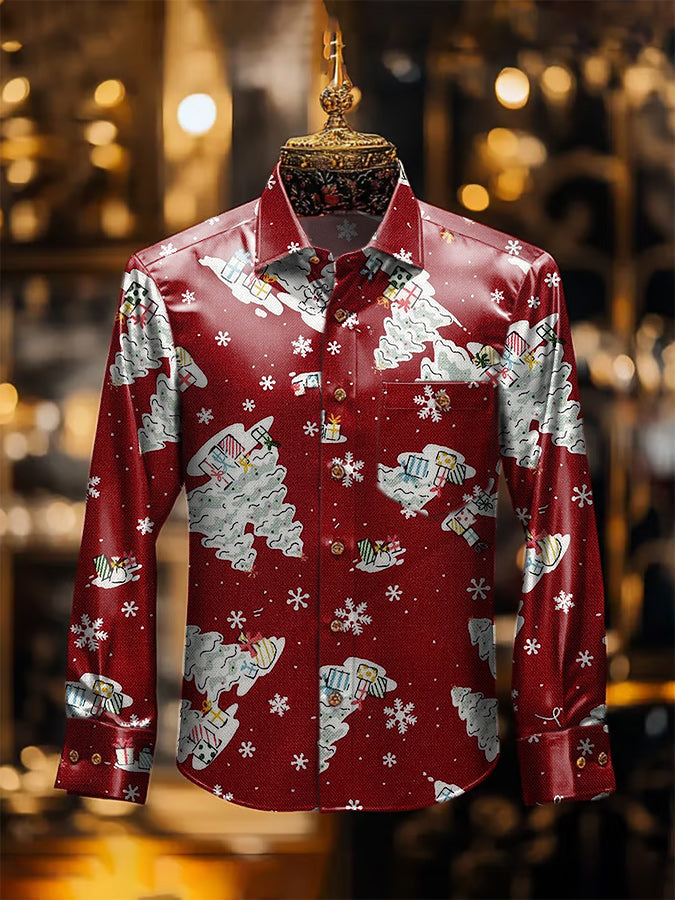 Christmas Tree Print Satin Long Sleeve Shirt