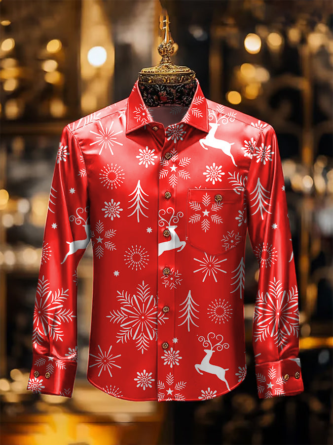 Christmas Elk Print Satin Long Sleeve Shirt