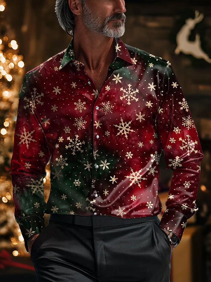 Christmas Gradient Snowflake Print Satin Long Sleeve Shirt