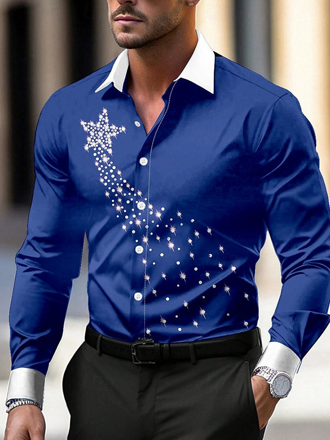 Christmas Star Print Color-Block Satin Long Sleeved Shirt