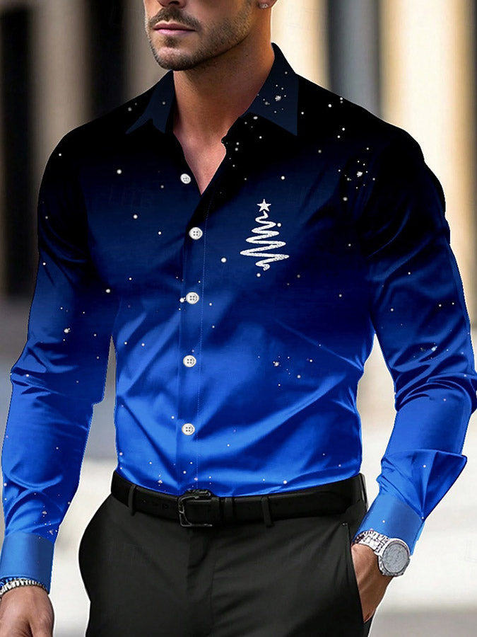 Christmas Gradient Print Satin Long Sleeved Shirt