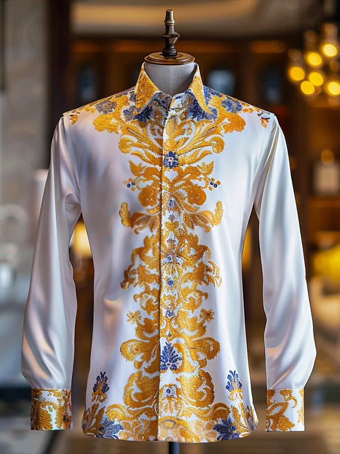 Luxurious Floral Print Satin Long Sleeve Shirt