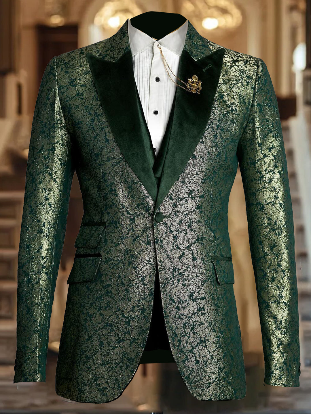 Elegant Geo Print Velvet Lapel Blazer