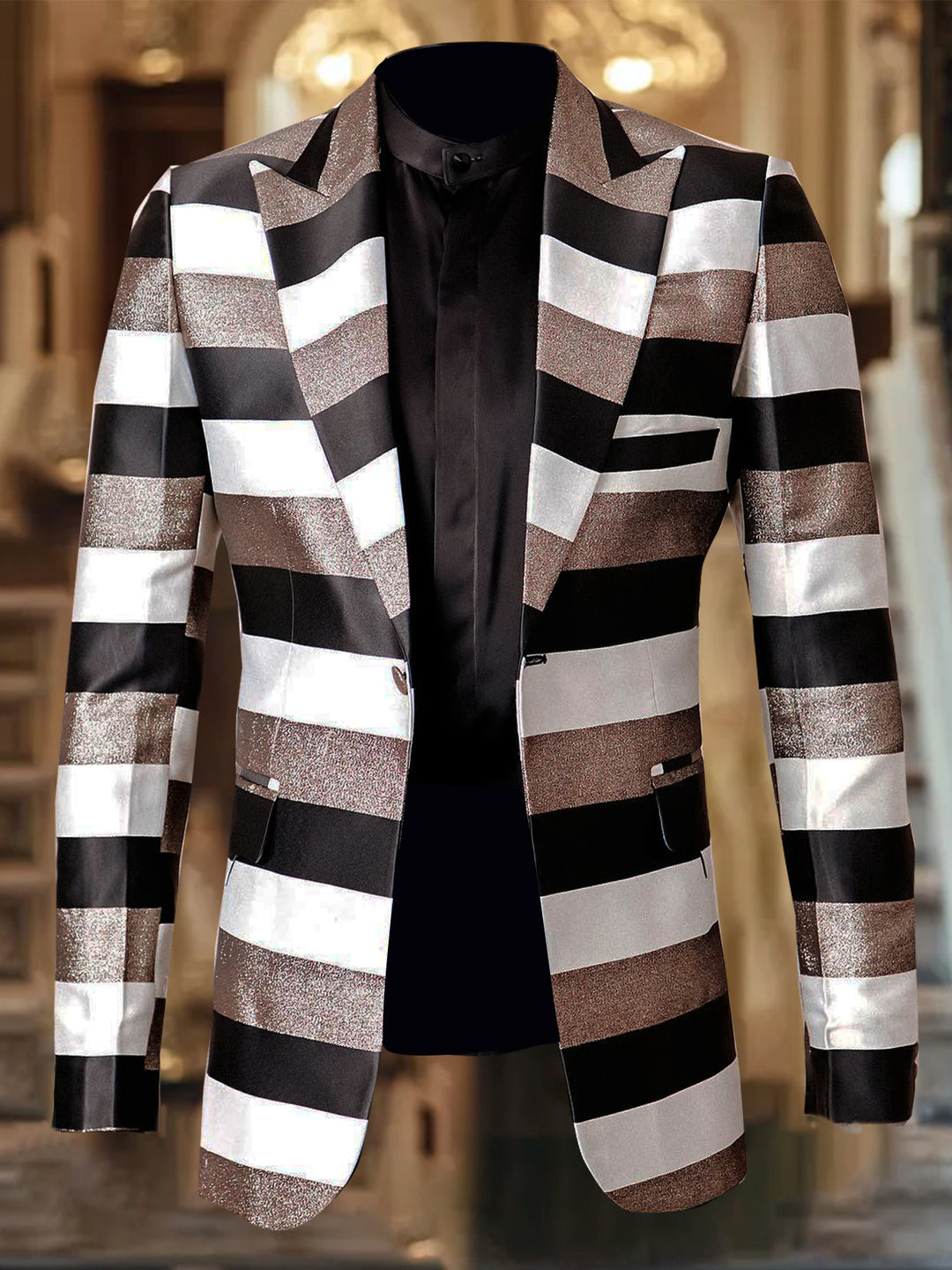 Classic Striped Print Peak Lapel Satin Blazer