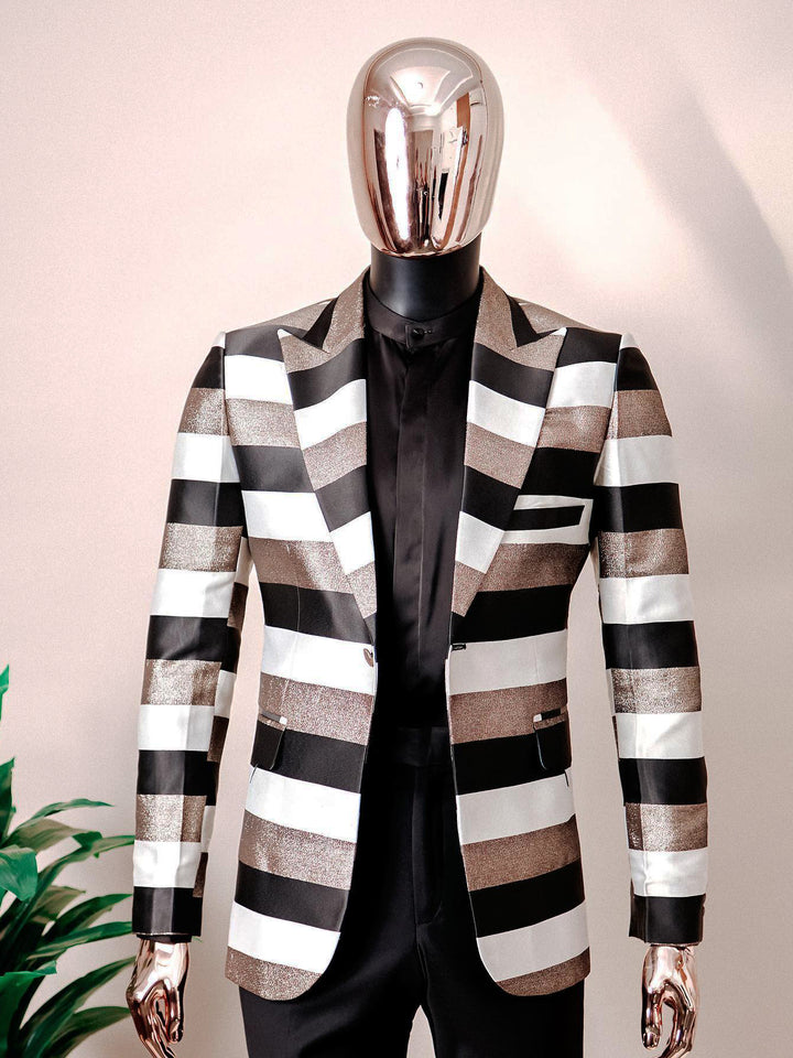 Classic Striped Print Peak Lapel Satin Blazer