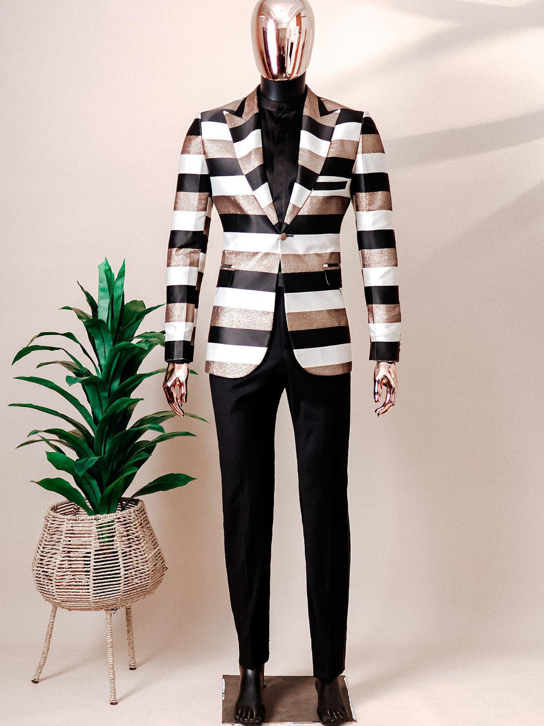 Classic Striped Print Peak Lapel Satin Blazer