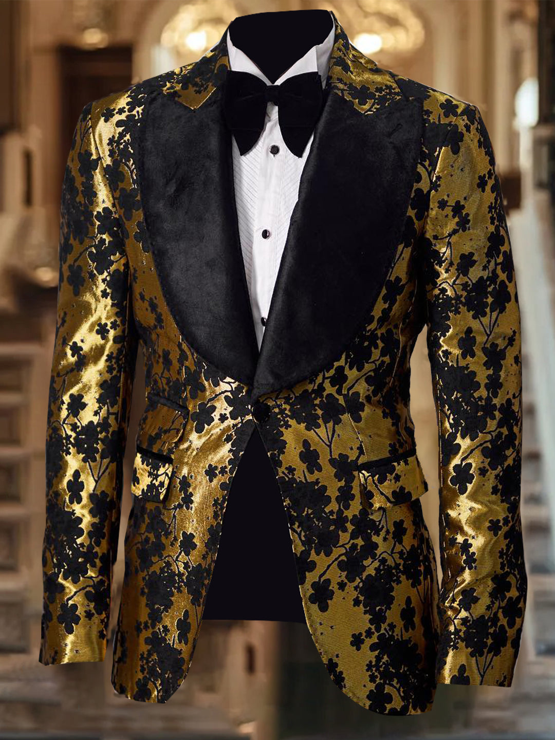 Gentleman Velvet Peak Lapel Floral Print Blazer