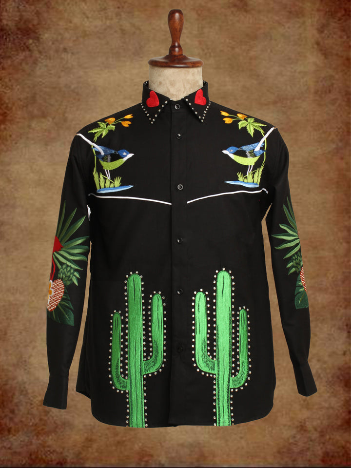 Retro Western Bird & Cactus Print Shirt